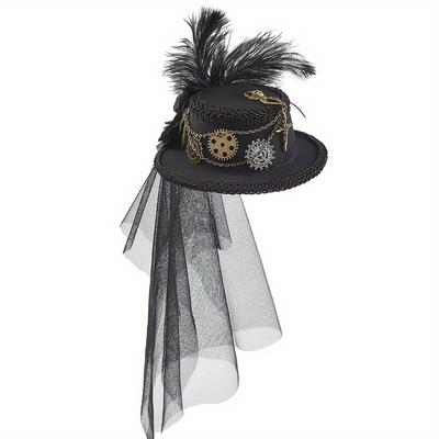 TEMU Icebanner Steampunk Hat With Gear Chain And Feather - Cosplay Party Hat With Veil For Halloween, Masquerade, And Vintage Accessories - Only, Polyethylene Material, No Electricity Needed