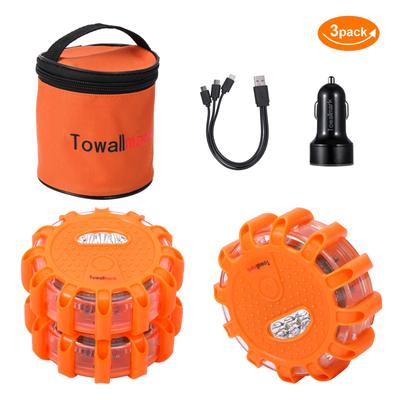 TEMU 3pack Led Road Flares Emergency Lights Roadside Safety Beacon Disc Flashing Warning Flare Kit With 2 Usb Car Charger，magnetic Base & Hook For Car Truck Boats-usb Rechargeable Image
