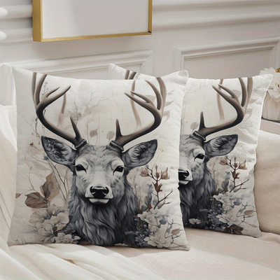 TEMU 2pcs Bohemian Deer Cushion Covers Set - Zippered, Removable & Washable Polyester Pillowcases For Living Room Sofa Decor (inserts Not Included) Image