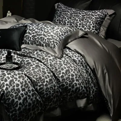 Luxury Bedding Set 1000TC Egyptian Cotton Queen King Size Grey Leopard Print Duvet Cover Set Flat/Fitted Bed Sheet Pillowcase