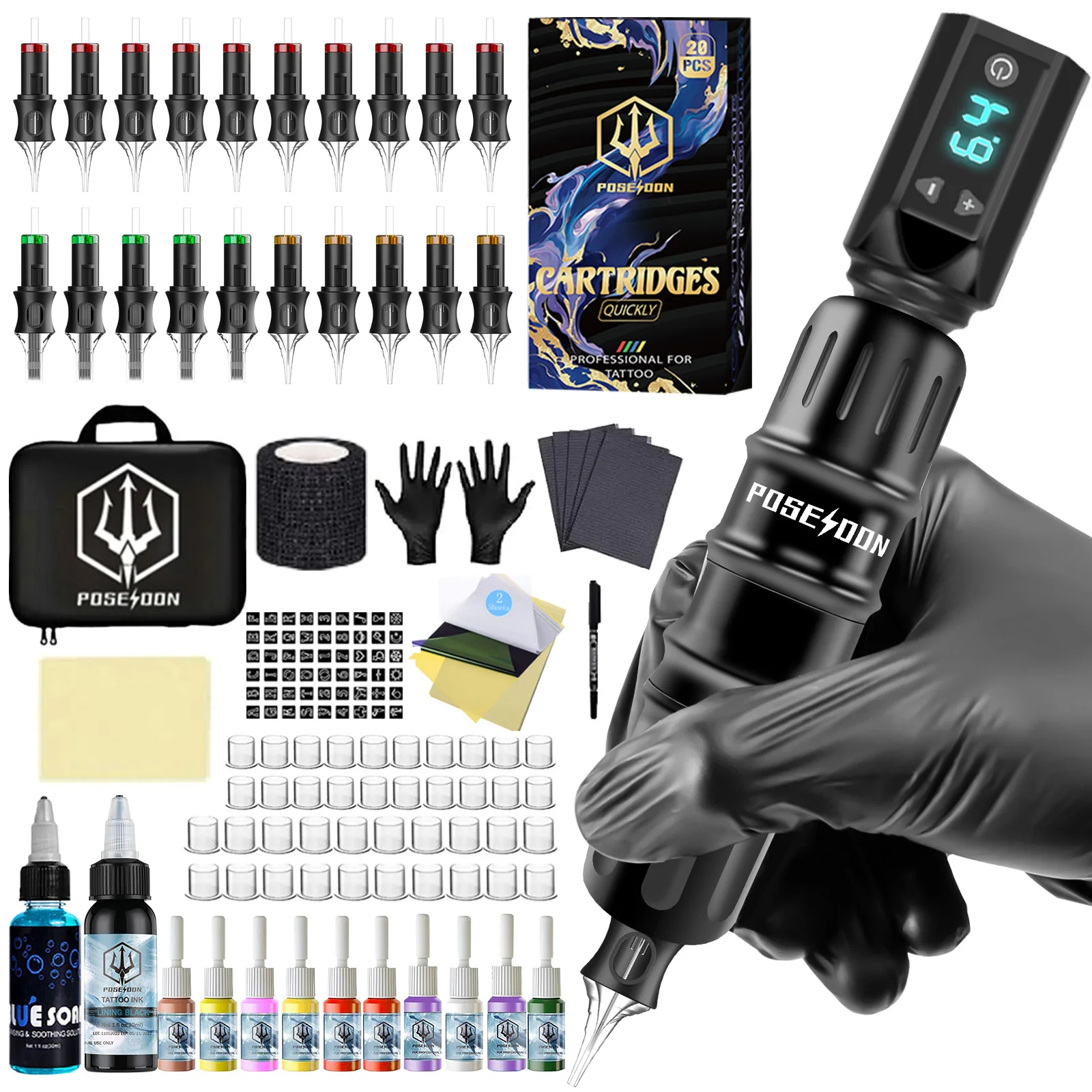 POSEIDON Tattoo Kit V5 Wireless Tattoo Stift Kit Für Permanent Make-Up Tattoo Maschine Kit High Power Tattoo Netzteil Tattoo Gun Image
