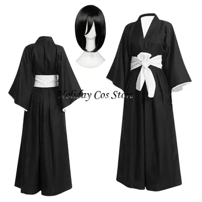 Kuchiki Rukia Kurosaki Ichigo Anime Cosplay Kostüm Perücke Schwarz Haori Robe Outfit Tausendjähriger Blutkrieg Samurai Uniform Party Image