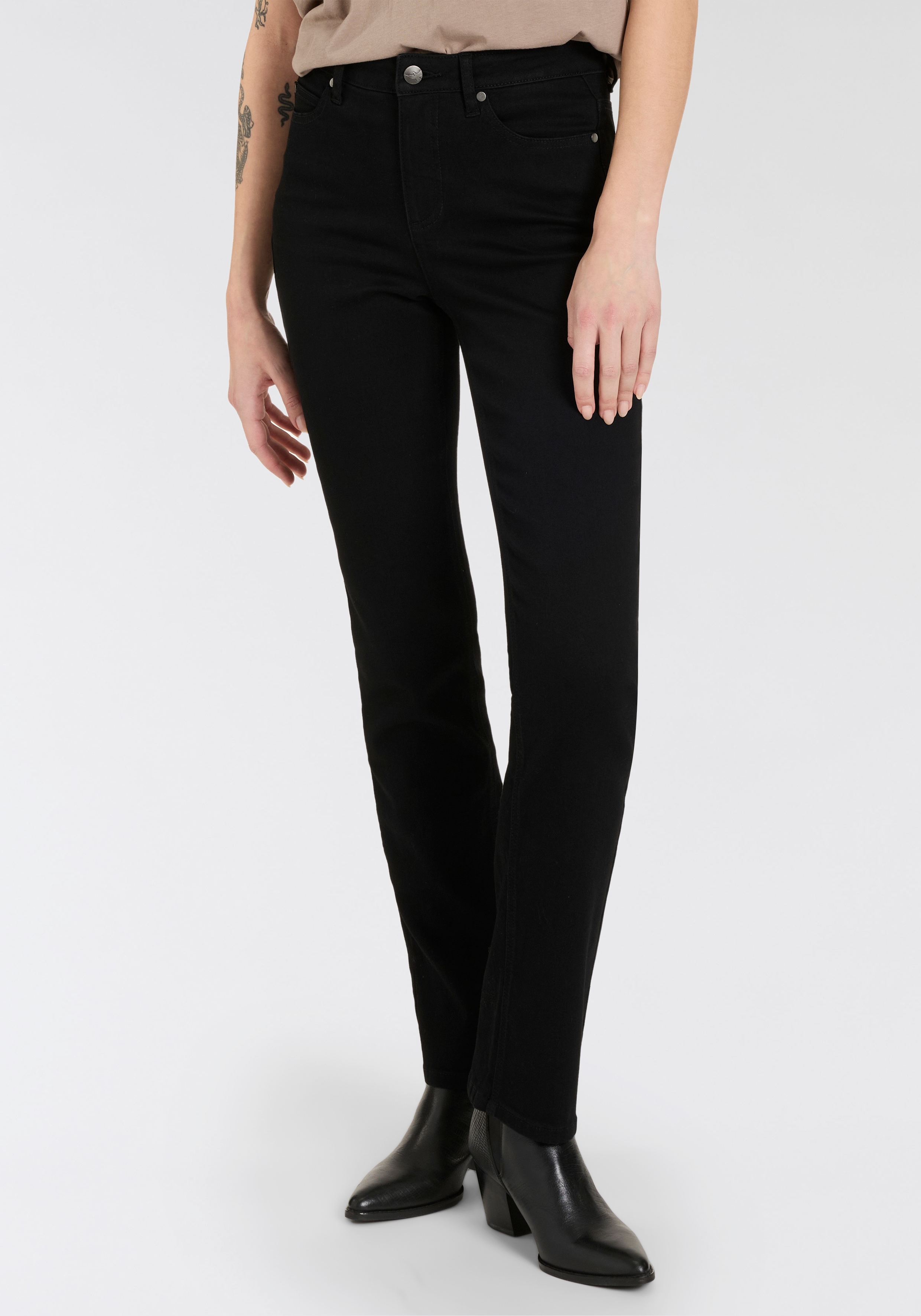 Gerade Jeans ARIZONA "Ultra-Stretch", Damen, Gr. 20, K + L Gr, schwarz (schwarz schwarz), Denim/Jeans, Obermaterial: 74% Baumwolle, 24% Polyester, 2% Elasthan, unifarben, Basic, gerade lang, Jeans, Used-Look-Waschung