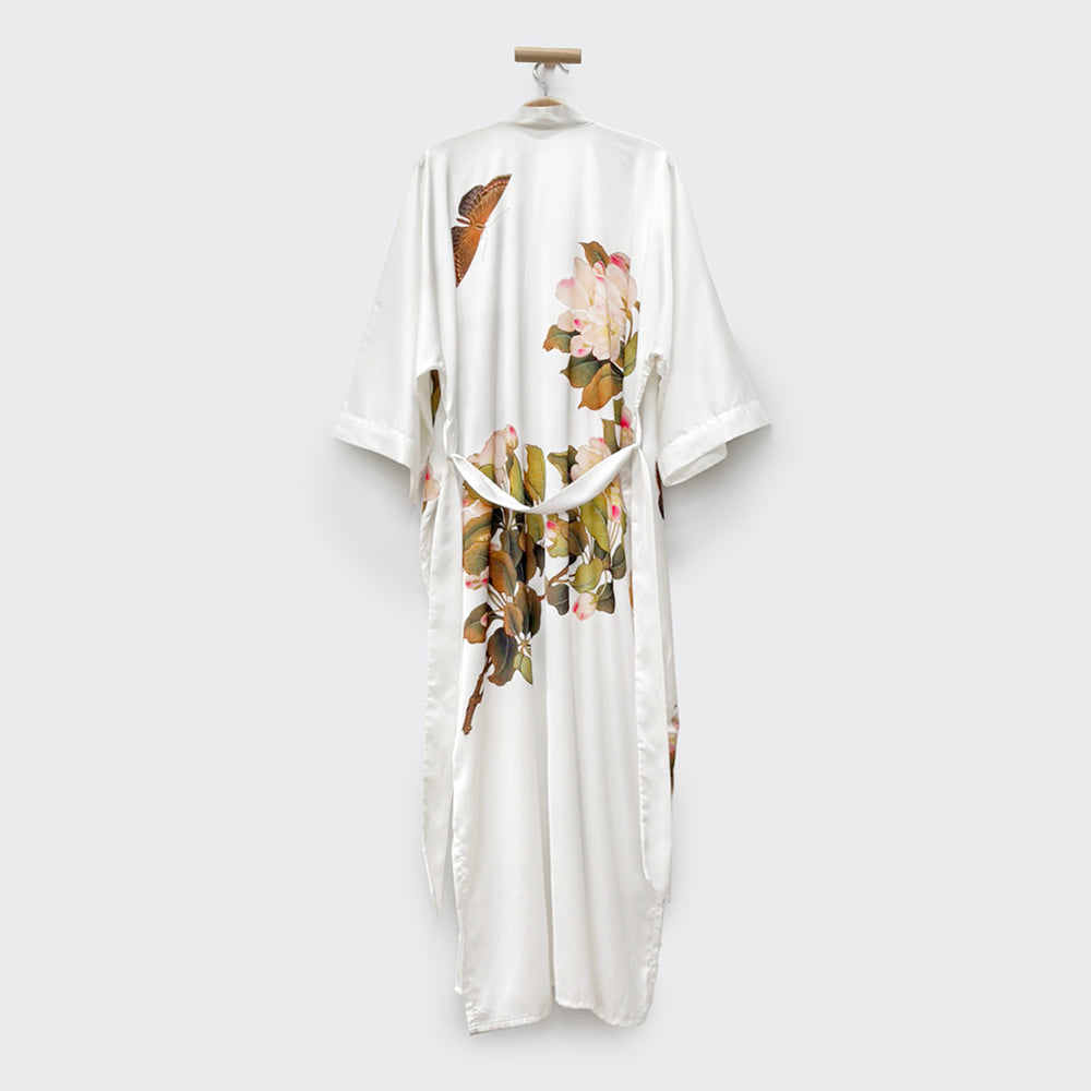 KIM+ONO Kimono Robe | Peony & Butterfly Long Kimono Robe | Polyester Charmeuse | White | Long