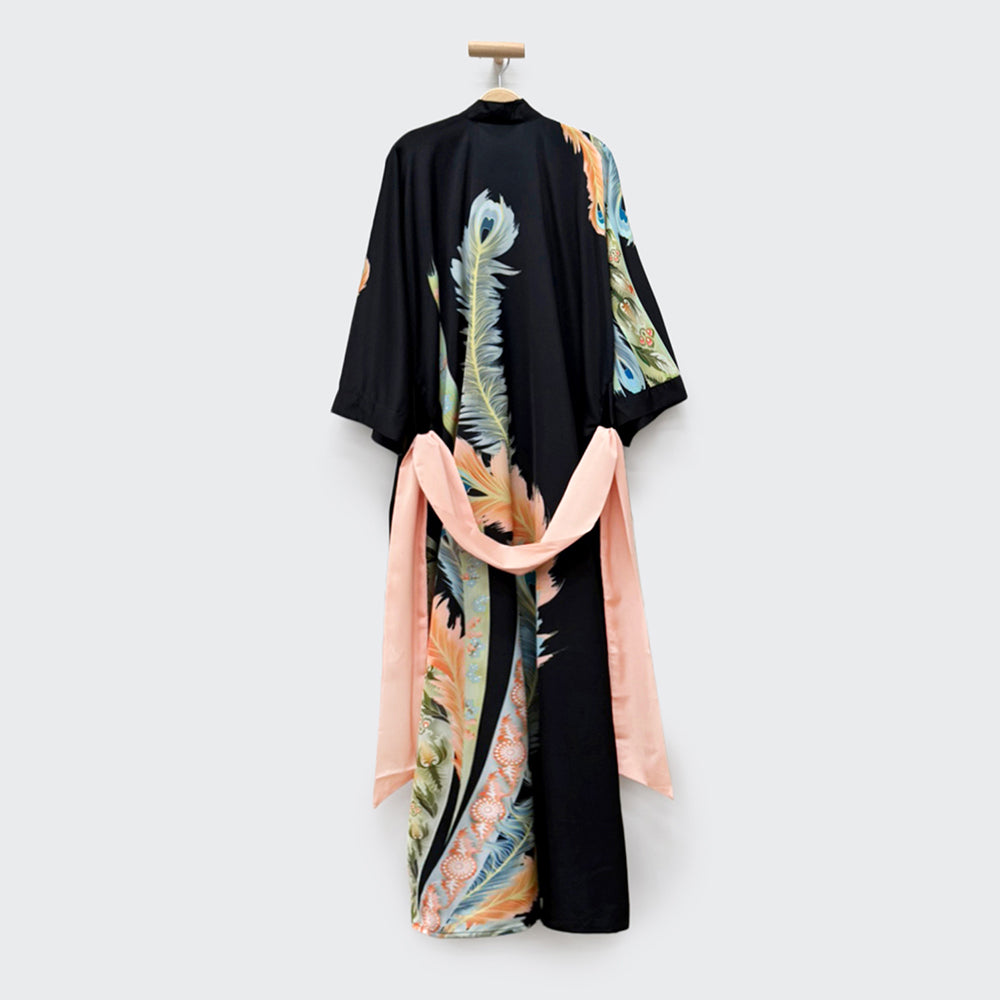 KIM+ONO Kimono Robe | Peacock Feather Long Kimono Robe | Polyester Charmeuse | Black | Long