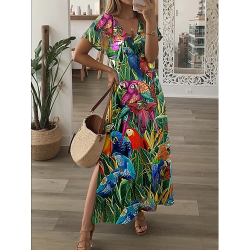 Damen Maxikleid Lässiges Kleid Strandkleid Shift Kleid Stilvoll Lässig Drop Shoulder Urlaub Täglich Reguläre Passform Floral Kurze Ärmel V-Ausschnitt Lila Grün Frühling Herbst Image