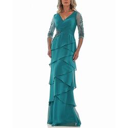 A-Linie Kleid Mutter der Braut Kleid Formal Elegant V-Ausschnitt Bodenlange Chiffon 3/4 Ärmeln mit geschichteten Rüschen Einfarbig