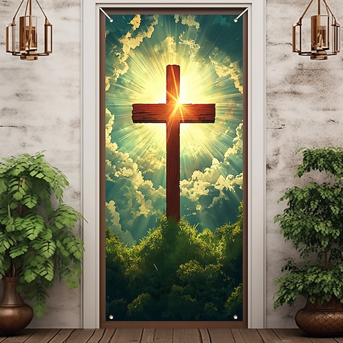 Türdekorationen Türabdeckungen Jesus Kreuz Türteppich Türvorhang Dekoration Hintergrund Innen/Außen Türbanner für die Haustür Bauernhaus Image