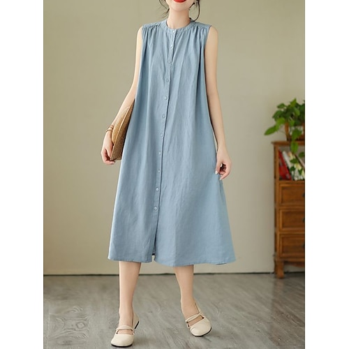 Damen Maxikleid Baumwoll Mischung Shiftkleid Sommerkleid Freizeitkleid Basic Lässig Täglich Urlaub Normale Passform Einfach Ärmellos Rundhalsausschnitt Blau Leicht Braun Sommer Image