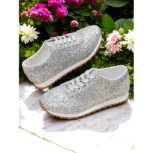 Damen-Sneaker mit goldenem Glitzer zum Schnüren mit bequemer Sohle, leichtem Design und trendigem Style für Partys, Casual-Outfits und festliche Anlässe Image
