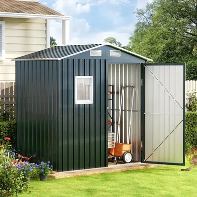 6x4FT Outdoor Steel Storage Shed with Clear Window, Lockable Doors, Weather-Resistant Metal Tool
