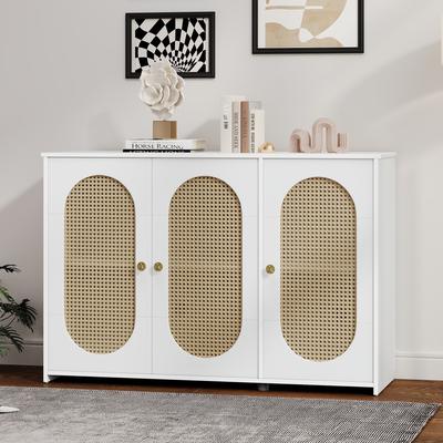 3-Door Cupboard, with Rattan Doors Storage Cabinet and Metal Handles Buffet Sideboard, for Entryway Living Room