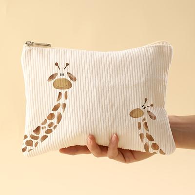 TEMU Cartoon Giraffe Pattern Printed Corduroy Makeup Bag - Lightweight With Zipper Lining Cosmetic Bag Multi-functional Cosmetic Organizer Bag, Suitable For Toiletries And Accessorie Image