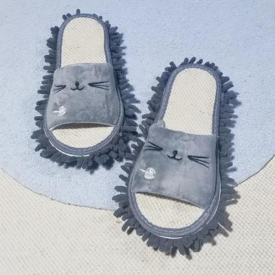 TEMU 1 Pair Of Plush Detachable Women's Lazy Mop Slippers, - Gray With Black Accents, Microfiber, Knitted Fabric - Ideal For Bedroom & Bathroom Cleaning Image