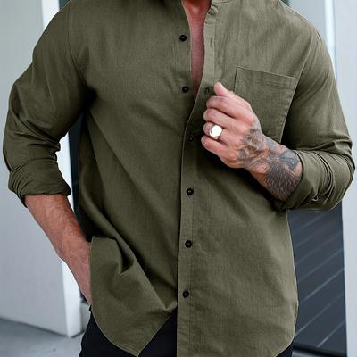 TEMU Men's Casual Long Sleeve Button-up Shirt - Light Green, Soft & Breathable Non-stretch Fabric, Regular Fit With Chest Pockets - Spring & Fall, Ideal For Professional Or Everyday Wea Image
