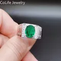 Anello di cristallo Color smeraldo alla moda per uomo anello in argento 925 con cristallo creato in laboratorio da 8mm * 10mm con placcatura in oro 18 carati a 3 strati