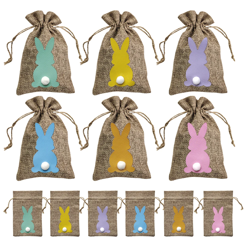 6/12/24Pcs Ostern Hase Sackleinen Taschen Mit Kordelzug Bunte Kaninchen Süßigkeiten Tasche Kinder Geschenk Lagerung Frohe Ostern party Dekoration Image