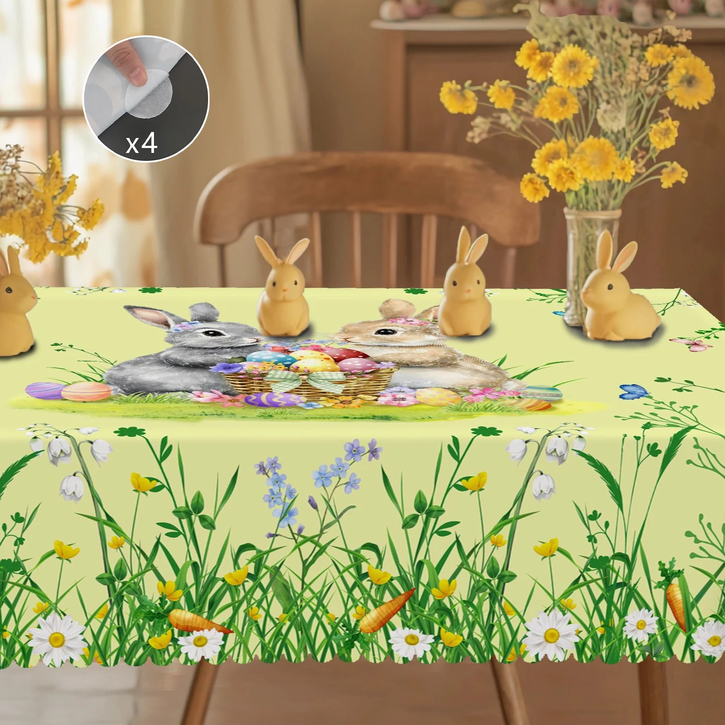 1 runde Oster-Tischdecke, 5 Größen erhältlich, quadratische Tischdecke mit Tulpen-Osterhasen-Ei-Garten-Motiv, Kantenprägungsprozess, Frühlings-Garten-Tischdecke-Dekoration, Tischdecke für die tägliche Image