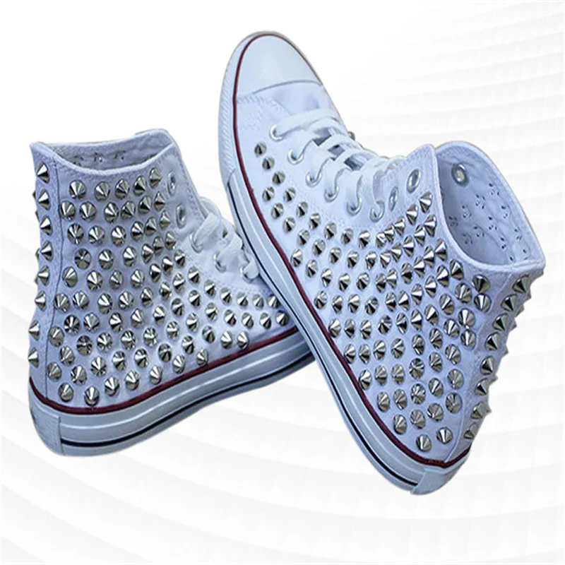 Original große Herren- und Damen-Leinwandschuhe mit Nieten, Punk-Hip-Hop-Turnschuhe, handgefertigte weiße Freizeitschuhe, Größe 35–44