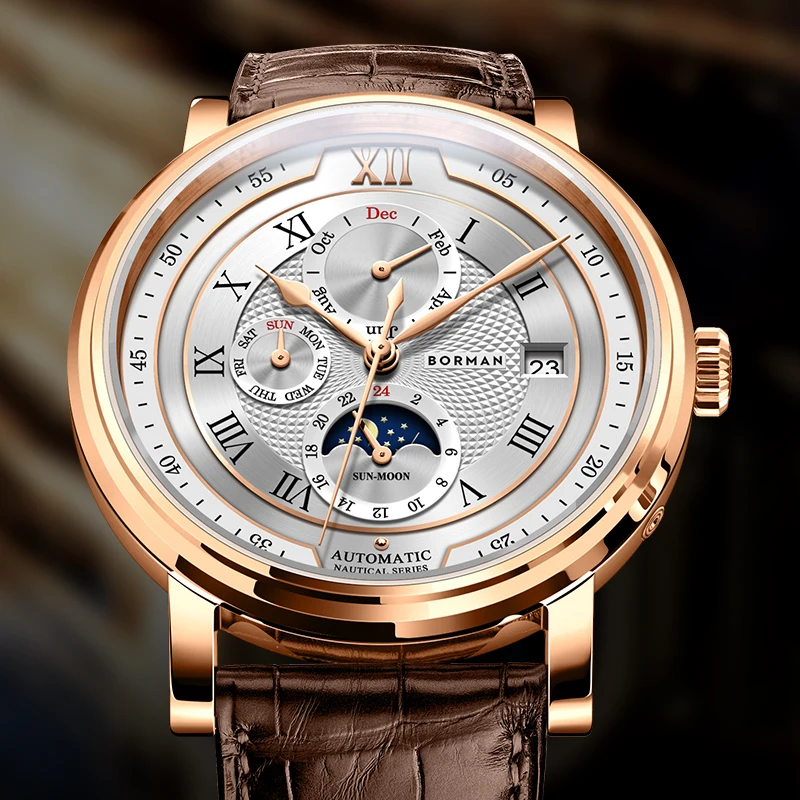 Luxus Marke Schweiz BORMAN Automatische Mechanische herren Uhren Saphir Multi-funktion Wasserdichte Mond Phase Uhren BM3868 Image