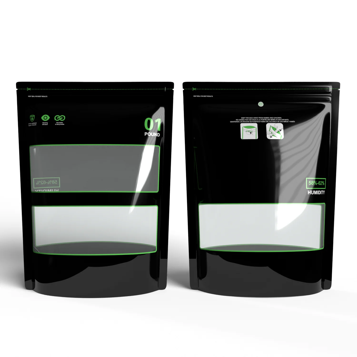 10er-Pack 1 Unze 2 Unzen 4 Unzen 1/2 Pfund 1 Pfund Terpene-Härtungsbeutel 58 %–62 % Luftfeuchtigkeitskontrolle Sperre und Versiegelung, heißsiegelbare Grove-Beutel Image