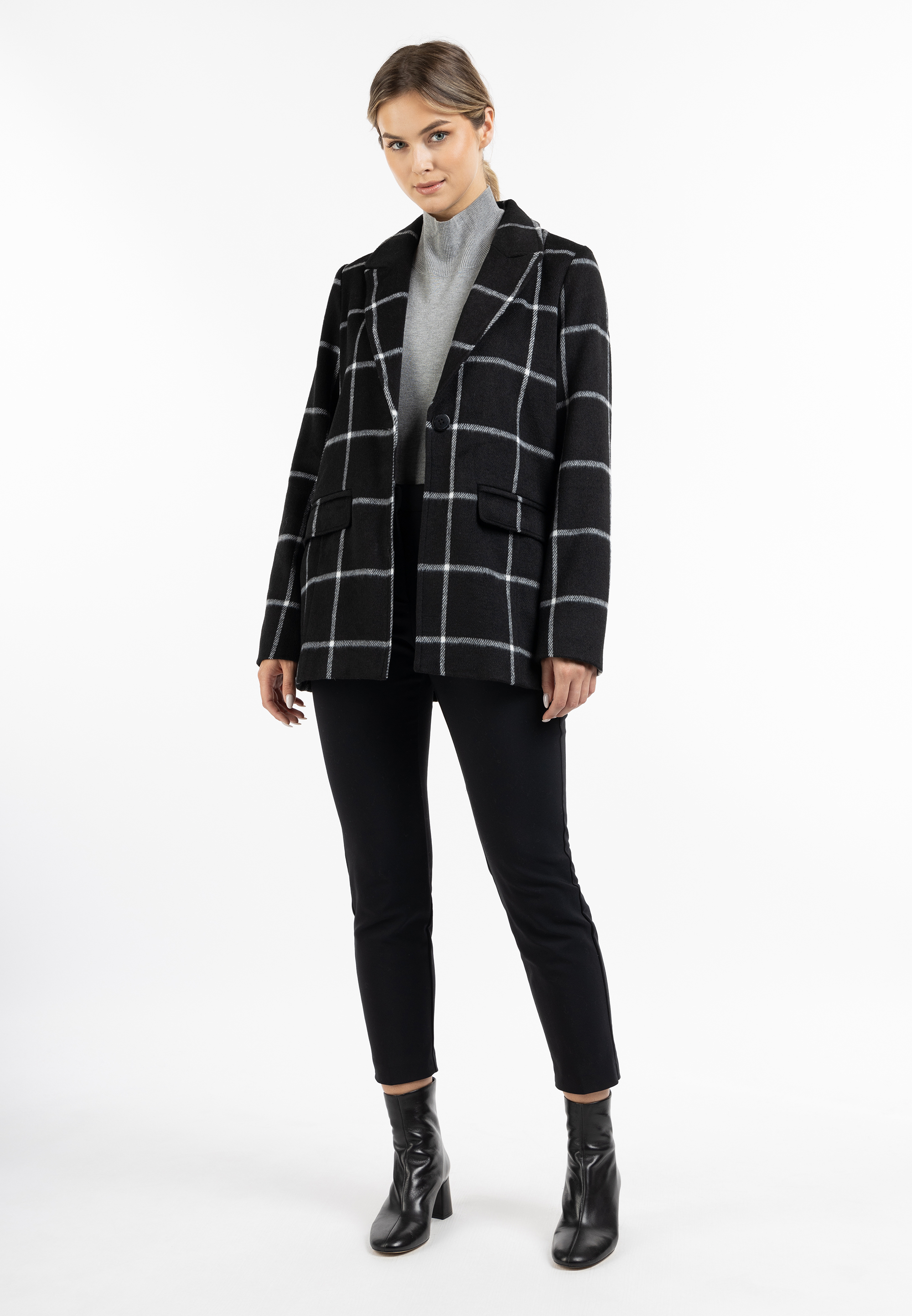 Dreimaster Langer Blazer aus Wollgemisch Damen Kariert Schwarz Weiss Image