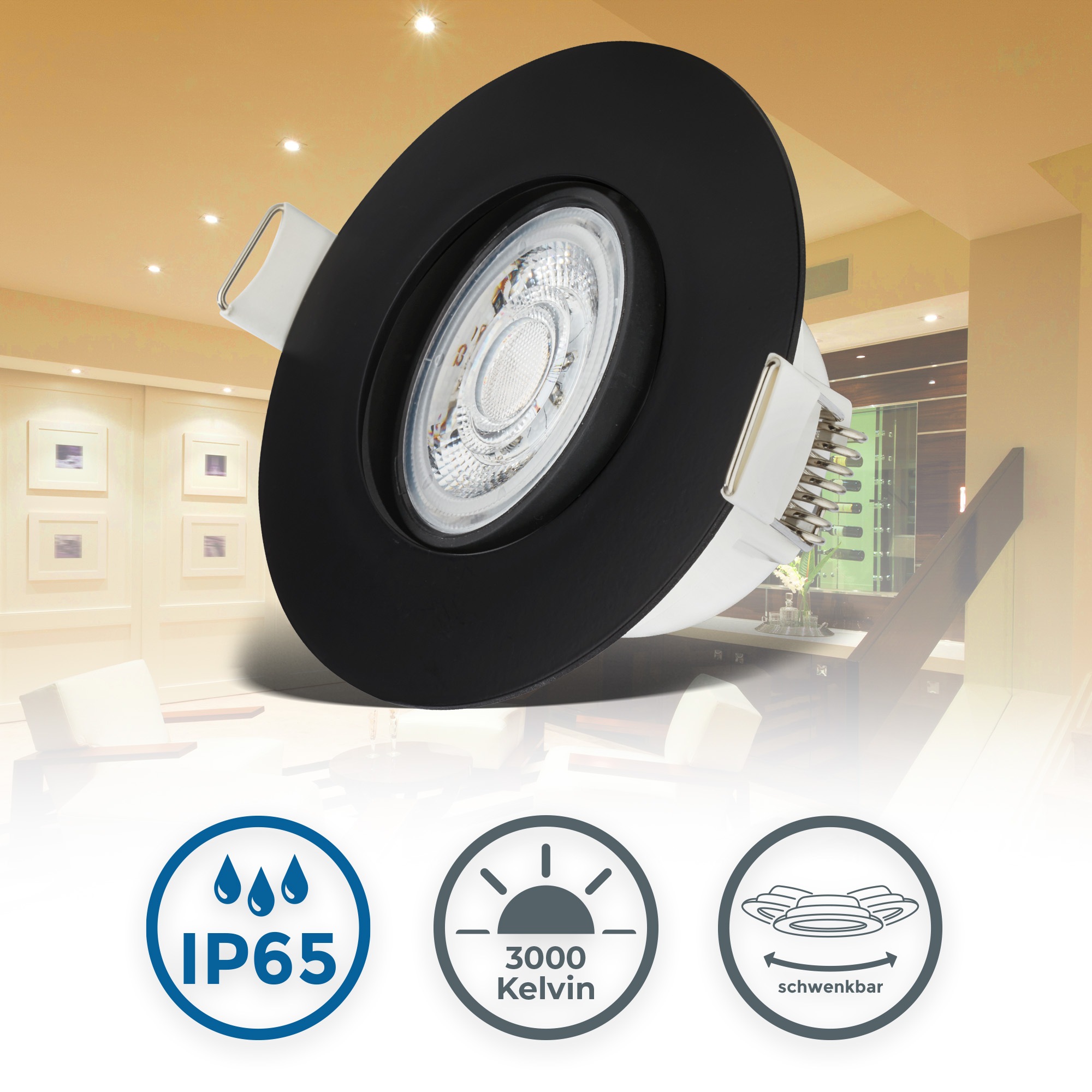 B.K.LICHT LED Einbauleuchte "6er Set Bad Einbaustrahler, IP65, Schwenkbare Deckenspots", schwarz, 1, Ø 9cm H: 4,2cm, 6 Stk., Leuchten, 3.000K, 480Lm, 4,9W, Kunststoff, 9 x 4,2 cm, LED Einbaustrahler LED Deckeneinbaustrahler