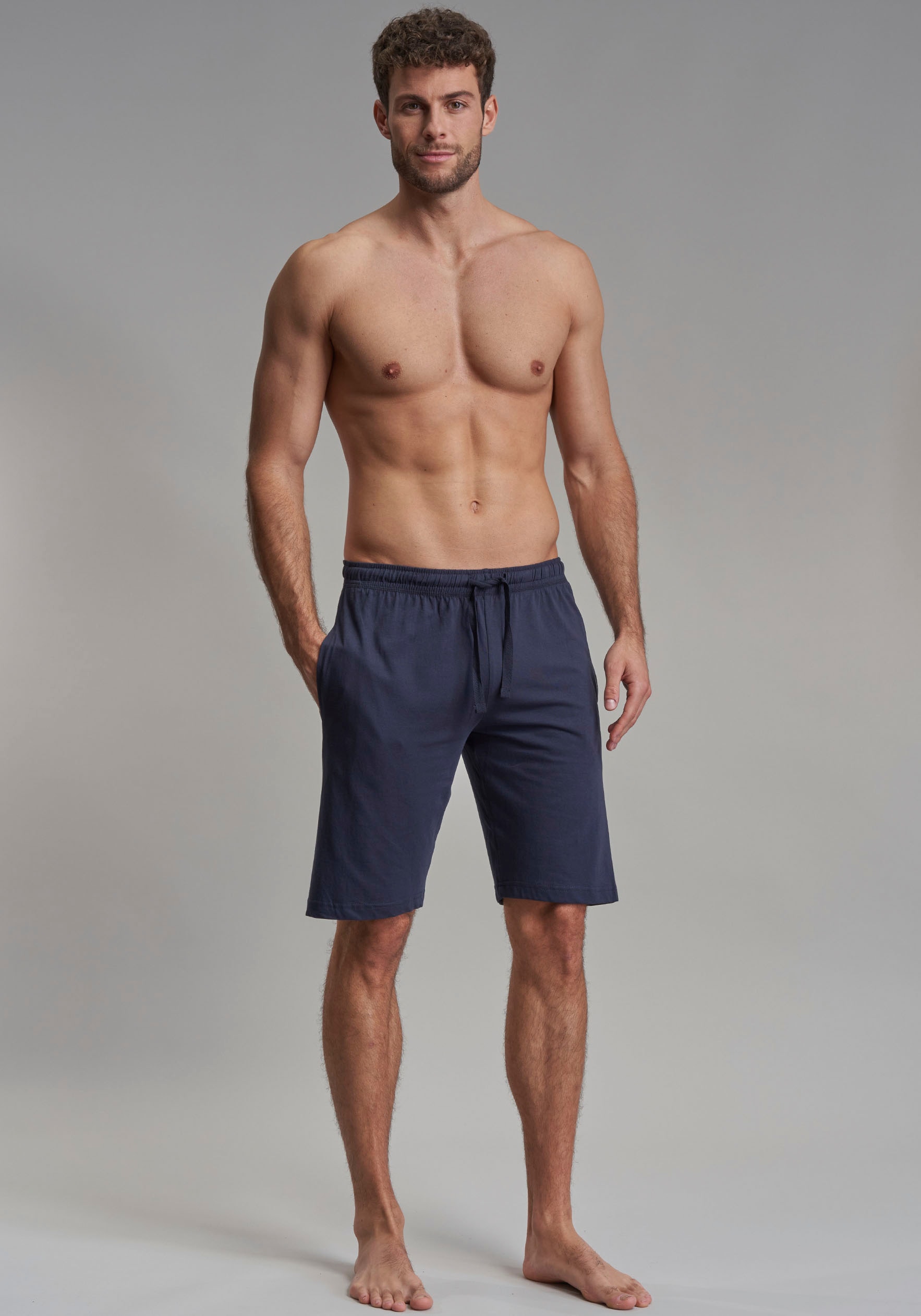 Homewearhose GÖTZBURG "New York", Herren, Gr. 54 (XL), N-Gr, blau (blau, dunkel, uni), Single Jersey, Obermaterial: 100% Baumwolle, unifarben, relaxed fit knielang, Hosen, Baumwolle, Kordelzug, bequem