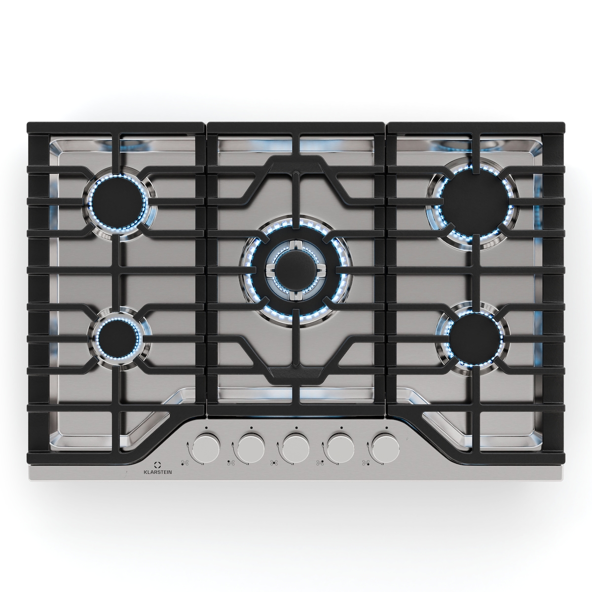 Klarstein Turbocast Gaskochfeld | 304er Edelstahl | 5 Brenner | Profi-Gusseisenhalter | Wok-Brenner Silber Image