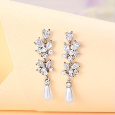 TEMU Exquisite Elegant Bridal Wedding Earrings With Zirconia Teardrop Pearl Drop Earrings For Women Fashion Accessories Image
