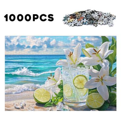 TEMU 500/1000pcs Beach & Lily Wooden - High-difficulty, Mixed Color Pieces | Ideal Holiday Gift & Decor For Puzzle Enthusiasts, Puzzle Enthusiast Gift|summer Vibe Puzzle|quality