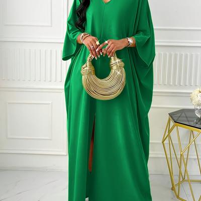 TEMU Elegant Solid Color V-neck Cap Sleeve Side Slit Tunic Dress For Women - 100% Polyester Casual Long Dress Image