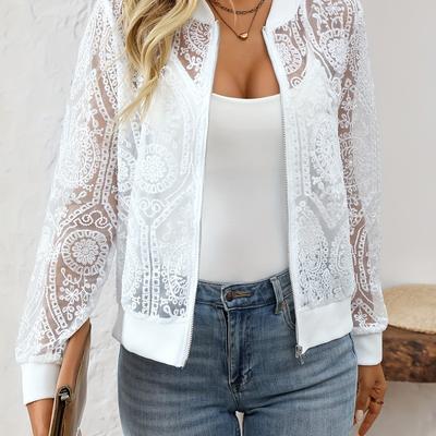 TEMU Women's Casual Stand Collar Zip-up Jacket, Polyester Lace Long Sleeve Half Outerwear, Solid Color Knit Fabric, For Spring/fall Image