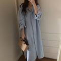 Femmes Robe Longue Maxi Robe Robes inspirées du lin Robe Chemise Robe Décontractée Élégant Occasionnel Vacances Quotidien Date Coupe régulière Uni manche longue Revers Blanche Rose Claire bleu marine