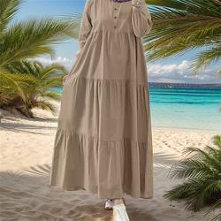 Femmes Robe Longue Maxi Robe Robes inspirées du lin Robe Chemise Robe Décontractée Élégant Occasionnel Vacances Quotidien Date Coupe régulière Uni manche longue Col ras du cou Noir Rose Claire Kaki