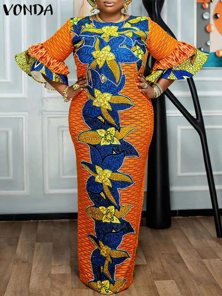 Plus Size 5xl Vonda Frauen Maxi kleid 2024 Vintage bedruckte Flare Ärmel Sommerkleid elegante Party langes Kleid Vestido lose Robe Image