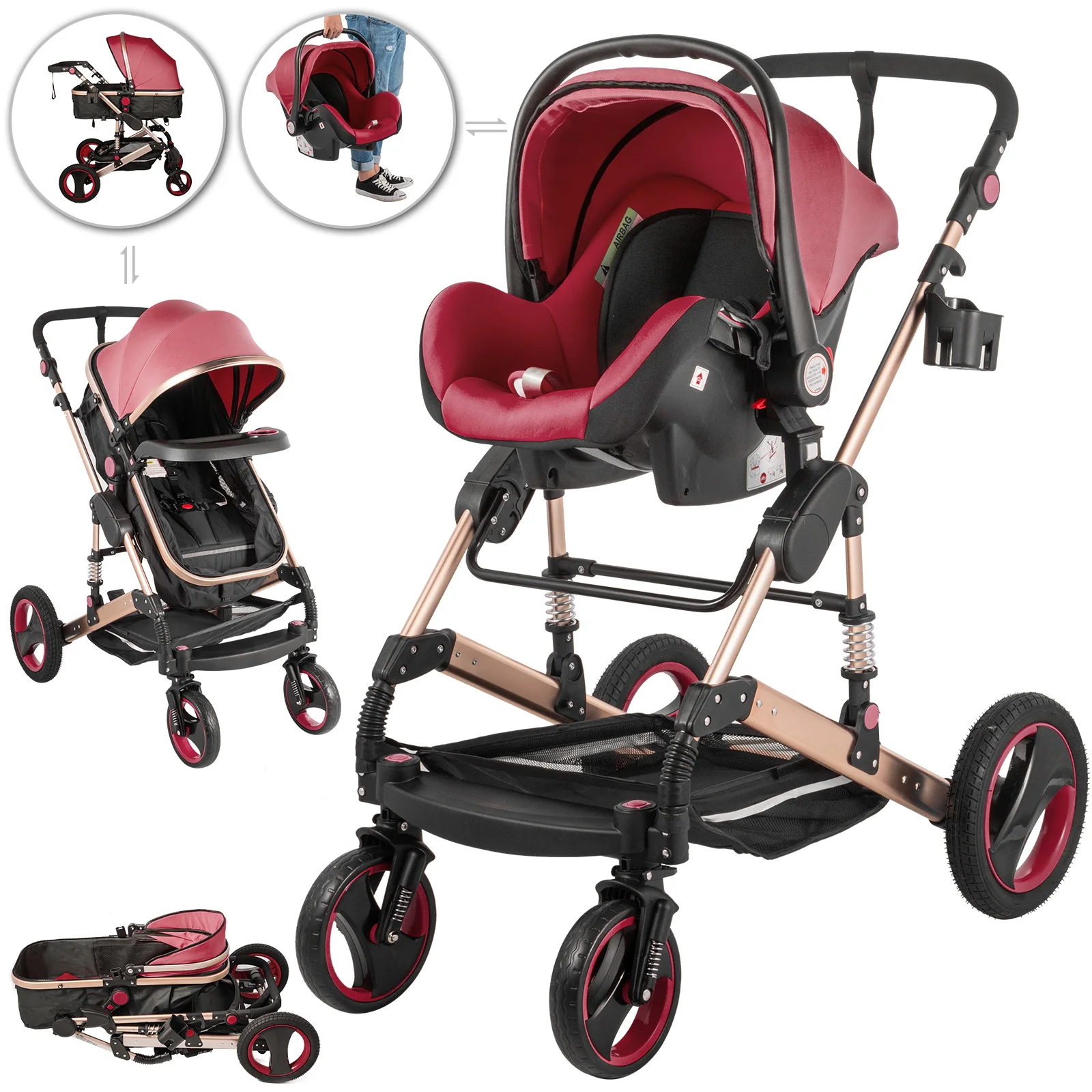 VEVOR 3 In 1 Anti Shock Kinderwagen und Faltbarer Kinderwagen Leichter Kinderwagen Multi Funktionen Kombikinderwagen(Rot) Image