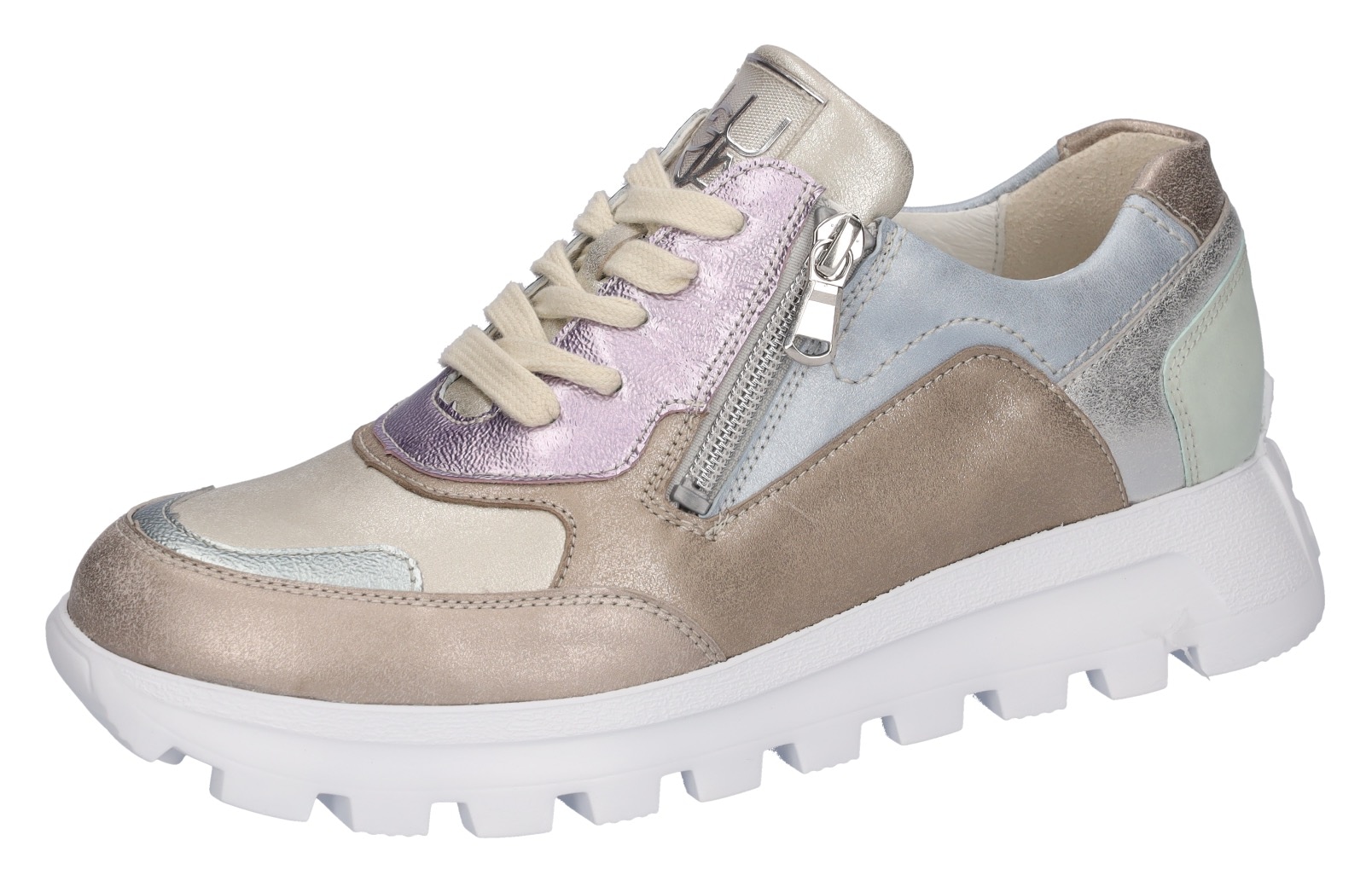 Plateausneaker WALDLÄUFER "H-AJALA", Damen, Gr. 7 (40,5), beige (beige, pastell, metallic), Lackleder, Nappaleder, Nubukleder, metallic, Schuhe Plateausneaker, Schnürer, Halbschuh Komfortschuh in H-Weite (=sehr weit)
