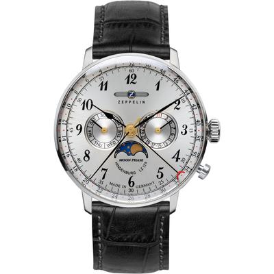 Multifunktionsuhr ZEPPELIN "LZ 129 Hindenburg Moonphase", schwarz (schwarz, silberfarben), Armbanduhren, Herren, Armbanduhr, Herrenuhr, Mondphase, Made in Germany, Edelstahlarmband Image