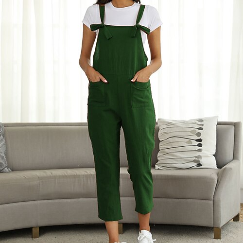 Damen Hosen Hose Overall Jumpsuit Leicht Lässig Knöchellang Mittlere Hüfthöhe Einfach Tasche Atmungsaktivität Bequem Unelastisch Heim Alltagstauglich Weinrot Dunkelgrün Marinenblau Schwarz Sommer Image