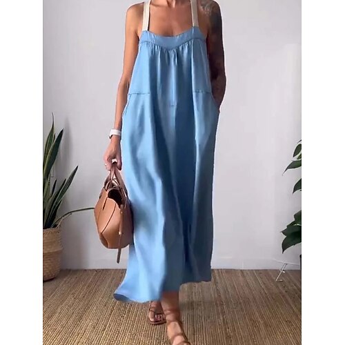 Damen Maxikleid Baumwoll Mischung Shiftkleid Sommerkleid Freizeitkleid Basic Lässig Täglich Urlaub Normale Passform Einfach Ärmellos U-Ausschnitt Blau Schwarz Weiß Khaki Sommer Image