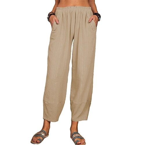 Damen Kunstbaumwollleinen Hosen Hose Leicht Lässig Knöchellang Hoher Bund Einfach Tasche Atmungsaktivität Bequem Unelastisch Alltagstauglich Wochenende Wein Marinenblau Schwarz Weiß Sommer Frühling Image