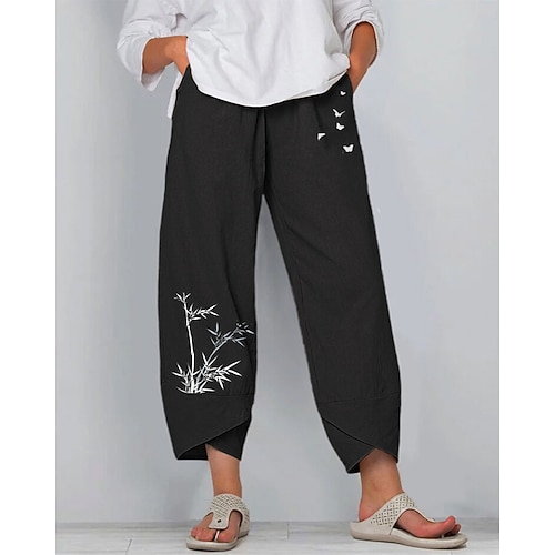Damen 100% Baumwolle Hosen Hose Leicht Lässig Knöchellang Niedrige Leibhöhe Grafikdrucke Tasche Atmungsaktivität Bequem Unelastisch Alltagstauglich Wochenende Marinenblau Schwarz aschgrau Sommer Image