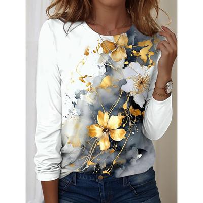 Women's T shirt Long Sleeve Crew Neck Long Sleeve Tunic Floral Graphic Casual Regular Tops Daily Print off-white Spring Fall Prefall