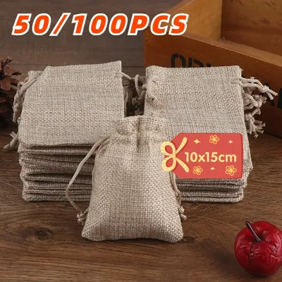 50/100PCS 10x15CM/3.94x5.91in Drawstring Burlap Bag Jute Gift Bags DIY Wedding Favor Gift For