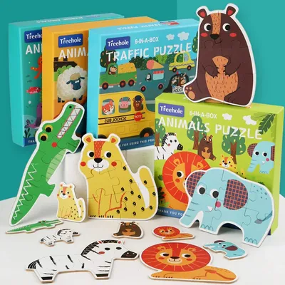 Children's Wooden Large Size Puzzle Cartoon Animal Transportation Puzzle Montessori Early Education