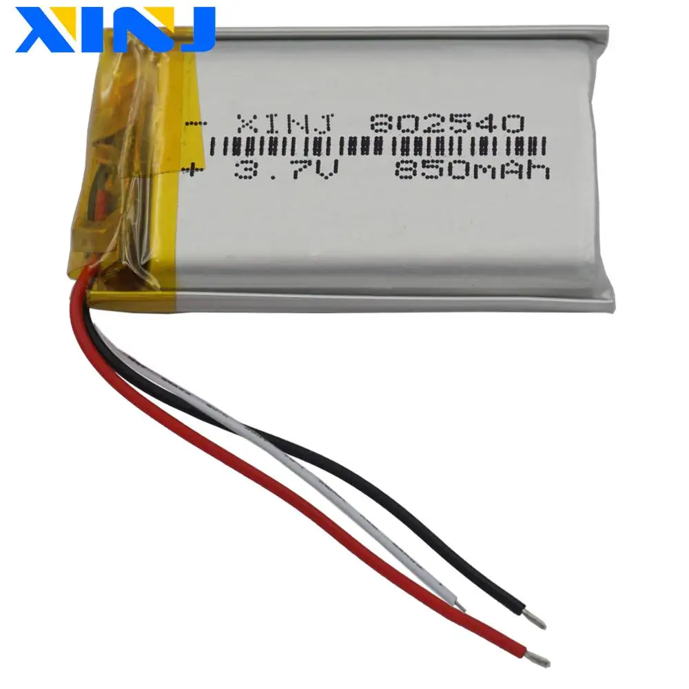 XINJ 3.7V 850mAh 802540 3 Wires Thermistor Polymer LiPo Li Lithium Battery For Bluetooth Phone Digital Camera Driving Recorder