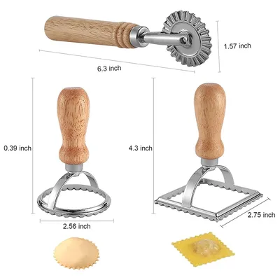 3Pcs Ravioli Stamp Maker Cutter with Roller Wheel Set,Mold with Wooden Handle for Pasta,Dumplings