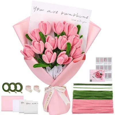 Fenrry Pink Tulip Pipe Cleaners Craft Supplies with Wrapping Paper Step-by-Step Video Tutorials for