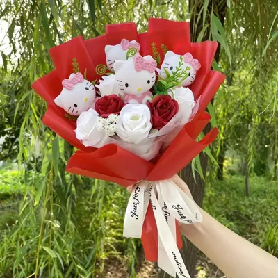 Finished Goods Vinyl Doll Hello Kitty With Artificial Flowers Handmade Bouquets Valentine Christmas